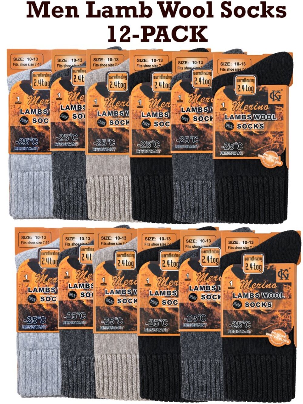 Men Merino Lamb Wool Crew Socks, 12-Pack, Size 10-13, Comfy Winter Warm Boot NEW